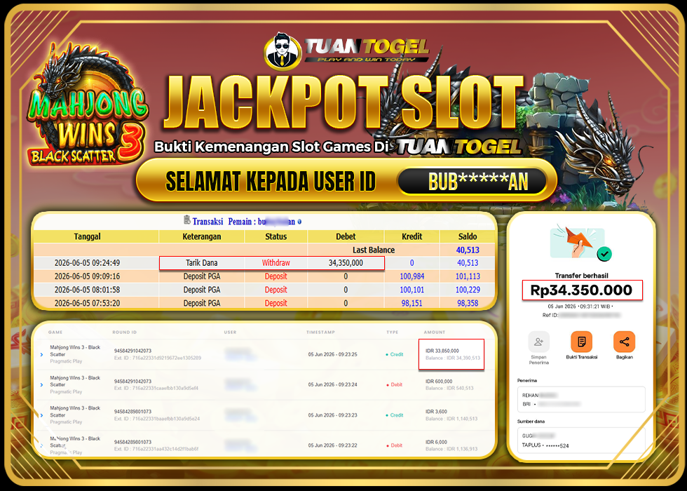 TUANTOGEL JACKPOT SLOT MAHJONG WINS 3 -BLACK SCATTER Rp34.350.000,- LUNAS